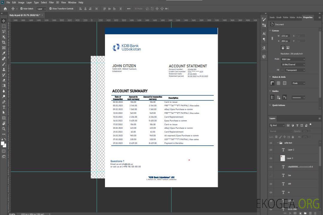 Modèle de relevé bancaire KDB d'Ouzbékistan au format Word et PDF template Modèle de relevé bancaire KDB d'Ouzbékistan au format Word et PDF template